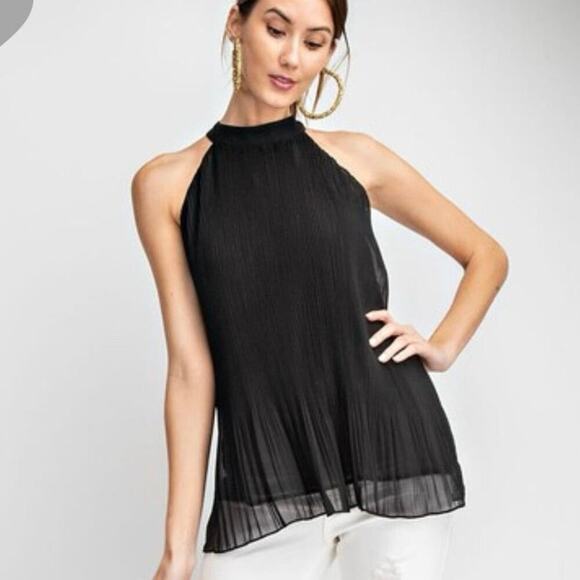 Easel Tops - Easel Pleated Halter Top Small Black Sleeveless Tie Neck Detail